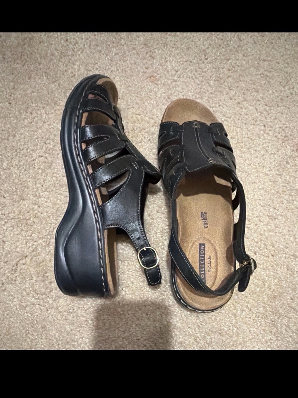 Clarks Black Leather Slingback Wedge Sandals